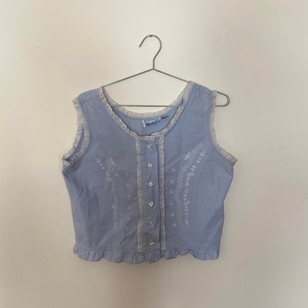 VTG Blue Embroidered Ruffle Button Blouse Women's L